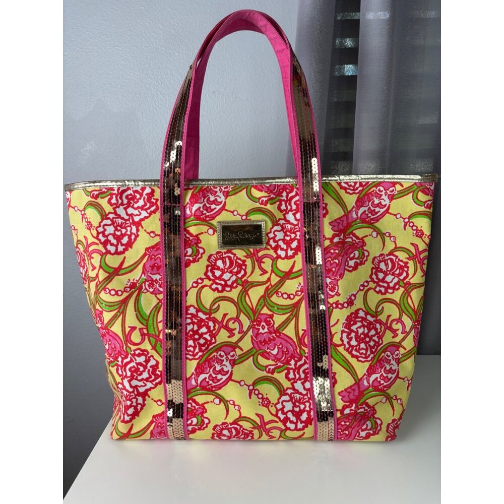 Lilly Pulitzer Chi Omega Floral Pink & Yellow Gold Sequin Tote Bag